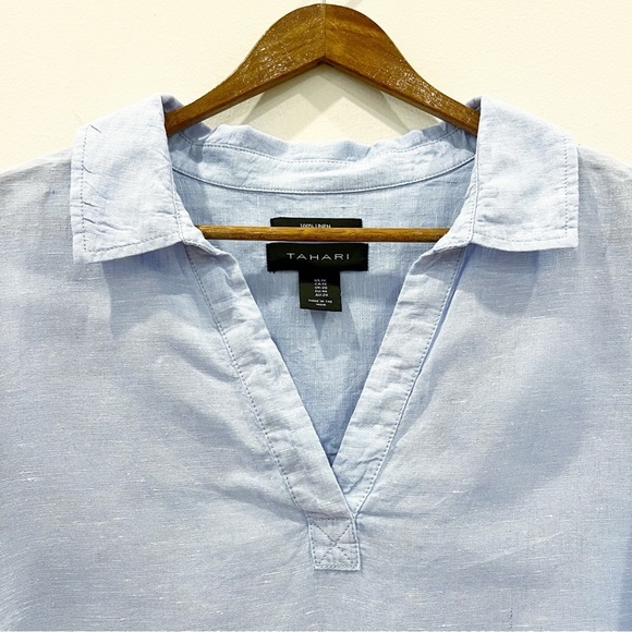 Tahari Womens Linen Tunic Top 1X Blue Collared Lagenlook Relaxed Lightweight - Picture 3 of 9